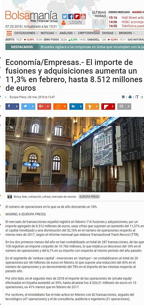 El importe de fusiones y adquisiciones aumenta un 11,3% en febrero, hasta 8.512 millones de euros